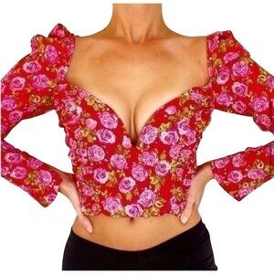 Zara Floral Long Sleeve Backless Crop Top Red Pink Size Medium